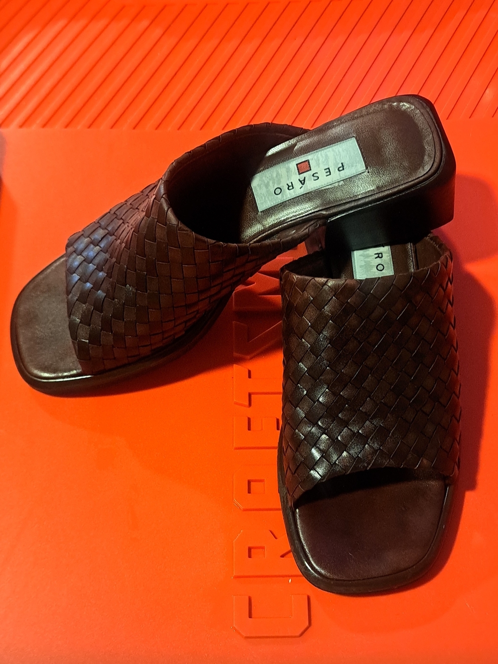Sold Pesaro Dark Brown Woven Leather Slide Mules - Picture 2 of 4